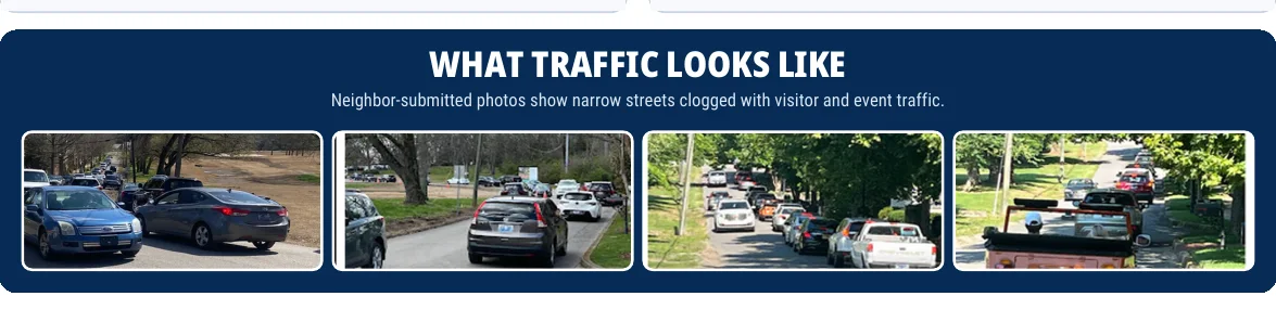 Traffic photo strip from the one-page summary showing multiple examples of neighborhood streets congested with Cheekwood-related traffic.